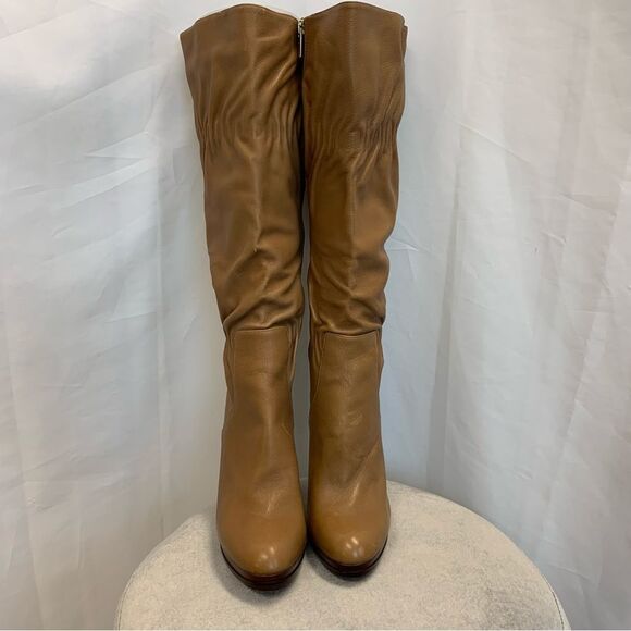 MICHAEL Kors camel brown leather high heel platform slouchy ruched boots Sz 10 - Picture 4 of 13